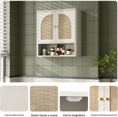 Vista 3 de RUSTOWN Mueble de pared de baño de ratán con 2 puertas arqueadas y estante Blanco rústico