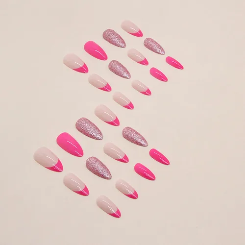 Vista 4 de Uñas postizas a presión medianas con punta francesa de almendra SWEKKE color rosa, cobertura completa, uñas postizas con pegamento rosa y purpurina