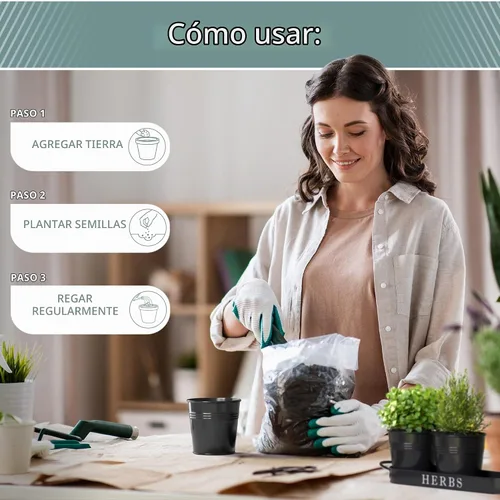 Vista 8 de Barnyard Designs - Juego de macetas para jardín de hierbas de interior con bandeja, macetas de metal para alféizar con drenaje para plantas de Negro