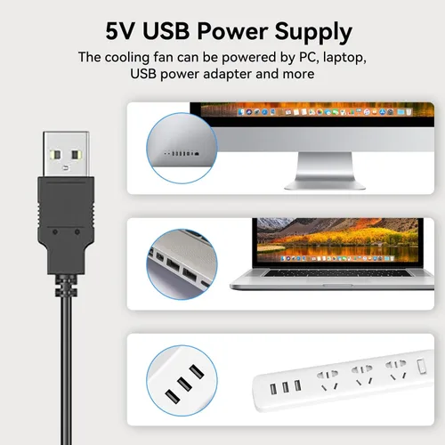 Vista 8 de ELUTENG Ventilador de computadora USB de 4.724 in, ventilador de refrigeración de PC de 5 V con 3 velocidades ajustables y adaptador de CC a USB