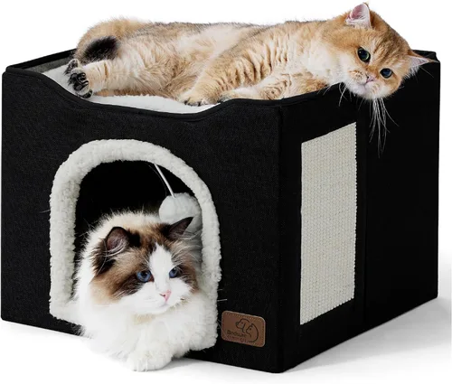 Bedsure Camas para gatos de interior – Cueva grande para gatos para casa de gatos con bola esponjosa para colgar y almohadilla para rascar,
