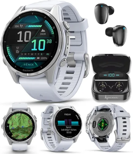 Compra el Garmin Fenix 8 – 43 mm, reloj inteligente AMOLED multideporte con GPS, plateado con banda de silicona Whitestone, auriculares negros con