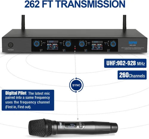 Vista 2 de SGPRO Sistema de micrófono inalámbrico de 4 manos con 65 canales UHF cada uno, rango de 262 pies, control de volumen, bloqueo automático, función