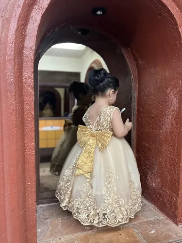 Vista 3 de Vestidos bordados de encaje con lentejuelas grandes de 0-6T para niñas pequeñas con gorro