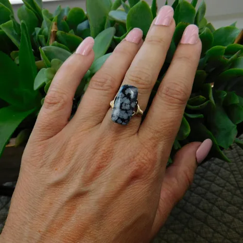 Vista 5 de Black Snowflake Obsidian Rectangle Gemstone Bead in Sterling Silver or 14kt Yellow or Rose Gold Filled Wire Band- Handmade Wire Wrapped Ring- Made