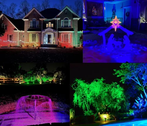 Vista 4 de Proyector LED de 25 W de color para exteriores con iluminación estroboscópica, luces RGB impermeables para patio, árbol, casa, Halloween, Navidad