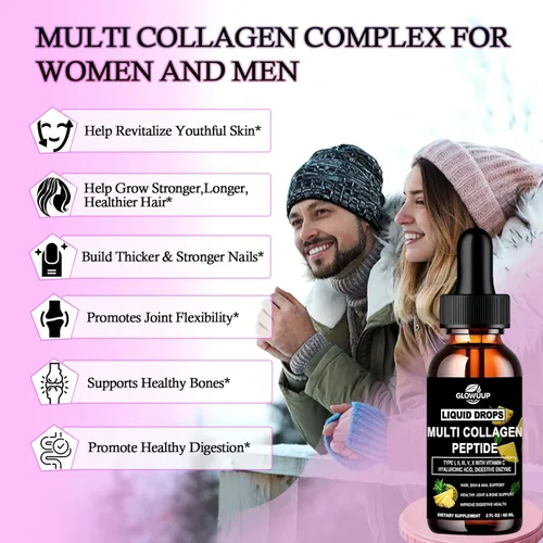 Vista 3 de Gotas líquidas de péptidos de colágeno múltiple para mujeres y hombres - Tipo I, II, III, V, X Péptidos de colágeno hidrolizado, proteínas