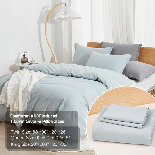 Vista 2 de Dreaming Wapiti Juego de funda de edredón tamaño King, de microfibra lavada, azul aciano, color liso, suave y transpirable, con cierre de cremallera