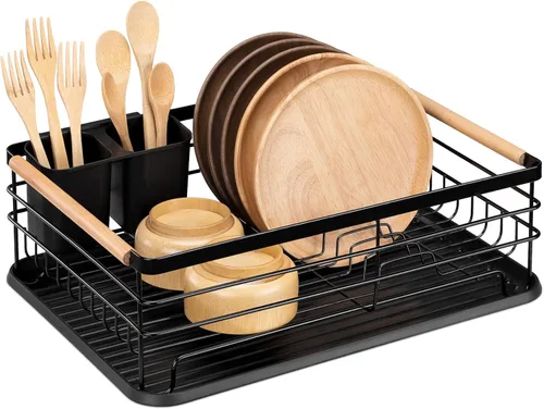 Navaris Escurridor de platos, cubiertos, ollas y sartenes, escurridor para cocina con asas de madera de haya, bandeja de goteo de diseño retro Negro