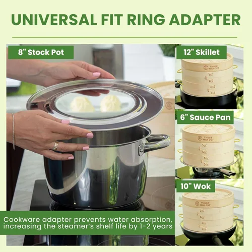 Vista 4 de Cesta para cocinar al vapor de bambú de 25 cm, 2 niveles, con mango, adaptador de anillo, forro de silicona reutilizable, kit para cocinar
