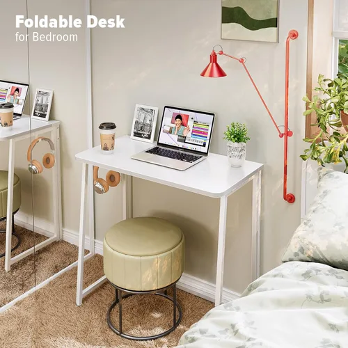 Vista 37 de WOHOMO Escritorio plegable de mármol sintético blanco, escritorio pequeño de 31.5 pulgadas para espacios pequeños con patas doradas, escritorio