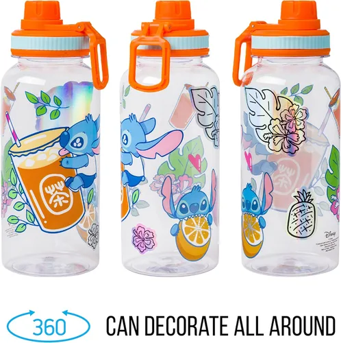 Vista 8 de Silver Buffalo Lilo and Stitch - Botella de agua de plástico con boquilla giratoria de té de burbujas con calcomanías holográficas You Stick