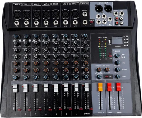 Vista 46 de Mini mezcladores de DJ de 5 canales, mezclador de audio en vivo, tablero de sonido con USB, interfaz de audio con 48 V Phantom Power Sonidos