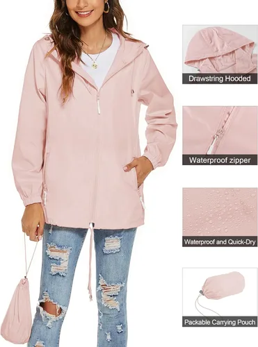 Vista 2 de Avoogue Chaqueta impermeable para mujer, ligera, transpirable, con capucha, rompevientos activos con bolsillo