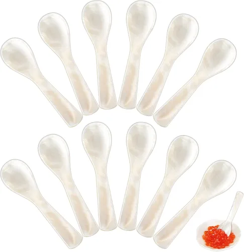 Vista 7 de Cucharas de Caviar de Nácar Cucharas MOP con Artesanía Manual con Mango Redondo para Caviar, Huevo, Helado, Sal, Servir Café, Juego de Servir