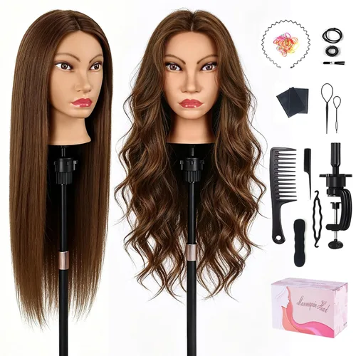 Vista 10 de Cabeza de maniquí con 80% cabello humano real, TopDirect, 61 cm, cabeza de peluquería con cabello marrón real, maniquí para peinado y práctica