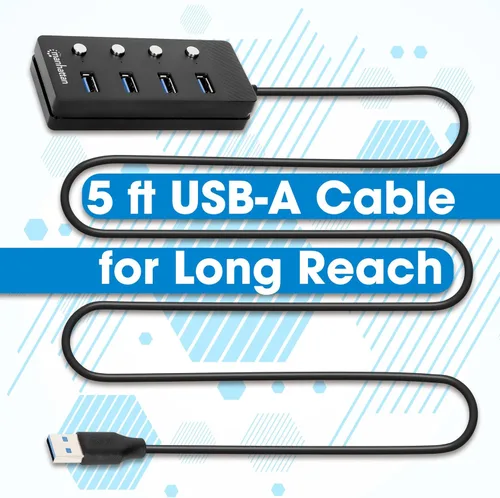 Vista 2 de Concentrador de cable de extensión USB de 4 puertos con cable de 5 pies de largo, interruptores de encendido/apagado USB 3.2 alimentados por USB