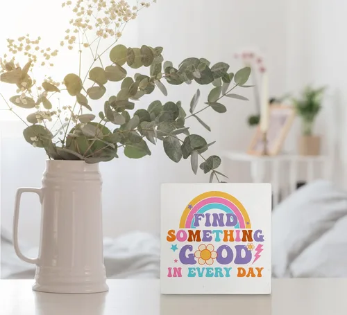 Vista 5 de kunlisa Groovy Find Something Good in Every Day Retro Flower Rainbow Caja de madera para decoración de escritorio, con cita positiva, bloque