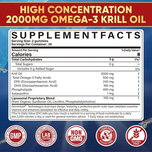 Vista 2 de Aceite de krill antártico liposomal Omega 3 gomitas de 2000 mg – Absorción de nivel celular Omega-3 con EPA, DHA y astaxantina – Antioxidante