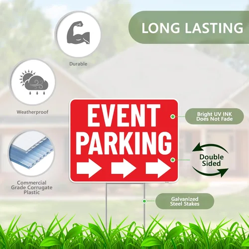 Vista 2 de 2 letreros de estacionamiento para eventos con estaca, 17 x 13 pulgadas, letreros de doble cara, plástico corrugado, señalización de eventos