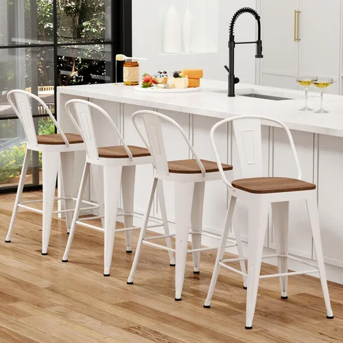 Juego de 4 taburetes de bar de metal para isla de cocina, taburetes de bar de altura de mostrador, taburetes de bar de respaldo alto con asiento de