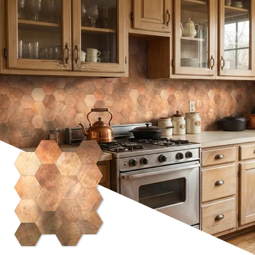 Vista 13 de Yipscazo 1 hoja de azulejos hexagonales para despegar y pegar, azulejos de mármol sintético de lujo autoadhesivos, azulejos de pared blanco puro