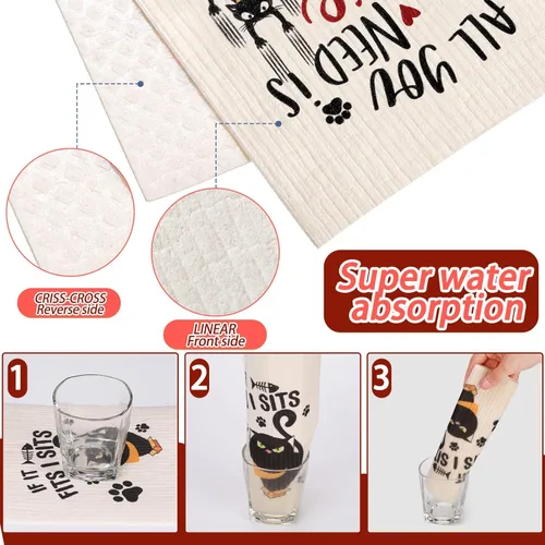 Vista 3 de Hoolerry 6 paños de cocina suecos de gato negro divertidos, esponjas reutilizables, paños de limpieza suecos, lavables, paños de cocina absorbentes