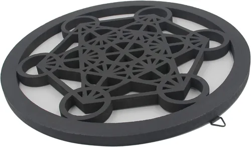 Vista 4 de DharmaObjects Cubo de metatrón grande con geometría sagrada hecha a mano para decoración de pared de madera, arte colgante (negro, 15.75 pulgadas)