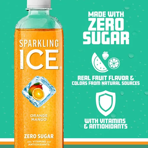 Vista 4 de Sparkling Ice, Naranja Mango. Agua con gas, con antioxidantes y vitaminas, cero azúcar. Botellas de 17 oz (Paquete de 12).