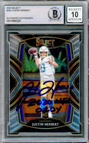 Justin Herbert Autografiado 2020 Panini Select Rookie Card # 244 Los Angeles Chargers Auto Grade Gem Mint 10 "2020 NFL OROY" Beckett BAS Stock #
