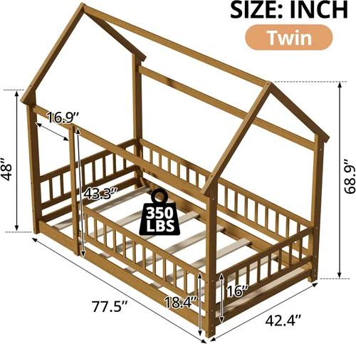 Vista 2 de LLS Base de cama Montessori tamaño individual para piso con listones y valla, cama de casa de madera para dormitorio de niños y niñas