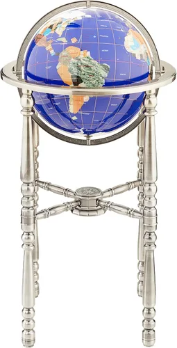 Vista 2 de Unique Art - Globo del mundo de lapislázuli azul de 36 x 13 pulgadas con soporte plateado de 4 patas