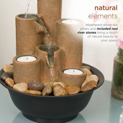 Vista 18 de Alpine Corporation WCT202 Fuente de agua escalonada de mesa interior con 3 velas para escritorio y mesa, 11 pulgadas, marrón