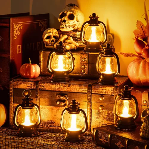 Vista 4 de 12 mini linternas de Halloween, centros de mesa para mesas con vela de simulación LED, linterna colgante pequeña de 4 pulgadas, faroles decorativos