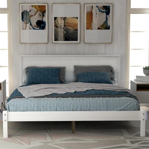Vista 11 de Elegante cama de plataforma de tamaño Queen con cabecero, plataforma de madera maciza con soporte de listones de madera para dormitorio