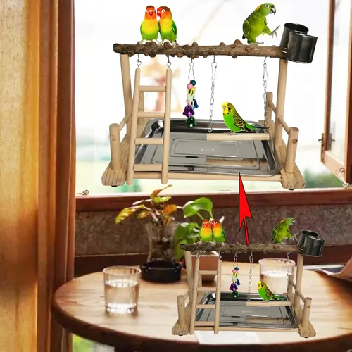 Vista 8 de Hamiledyi Parque de Loros Juguetes de Pájaros Soporte de Madera Ejercicio Perca Gimnasio con Tazas Alimentadoras Juguetes para Cacatúas con Escalera