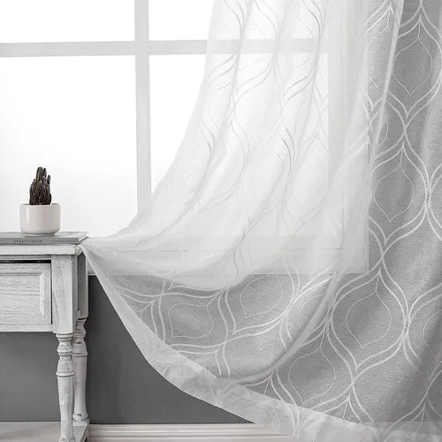 Vista 39 de VISIONTEX Cortinas traslúcidas blancas de 95 pulgadas de largo, juego de 2 paneles de cortinas beige marroquíes bordadas en enrejado, textura