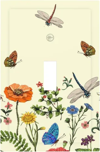 Vista 110 de Placa de Pared en Blanco de 1-Gang Sin Dispositivo Beige Lindo Vintage Boho de los 70s Hongo Fungus Planta Floral Botánica Libélula Interruptor