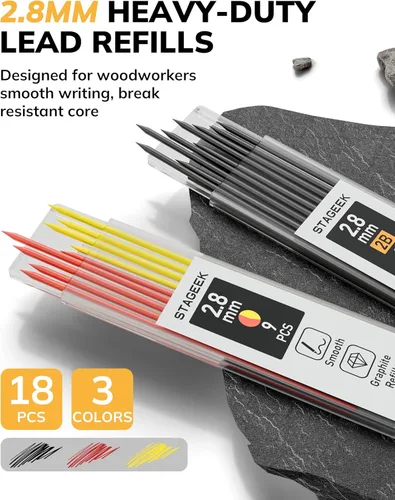 Vista 6 de STAGEEK Lápiz de carpintero con sacapuntas, lápices mecánicos de carpintero con 19 repuestos, lápiz de construcción, herramientas de carpintería