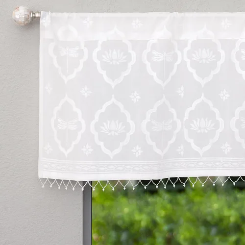 Vista 26 de Saffron Marigold Cortina de cenefa impresa a mano con ribete de cuentas, velo de novia blanco, perfecta para cocina, dormitorio, baño, comercio