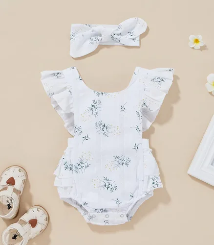 Vista 2 de Mameluco con volantes y diadema con estampado de margaritas para bebé, diseño floral, ropa de verano