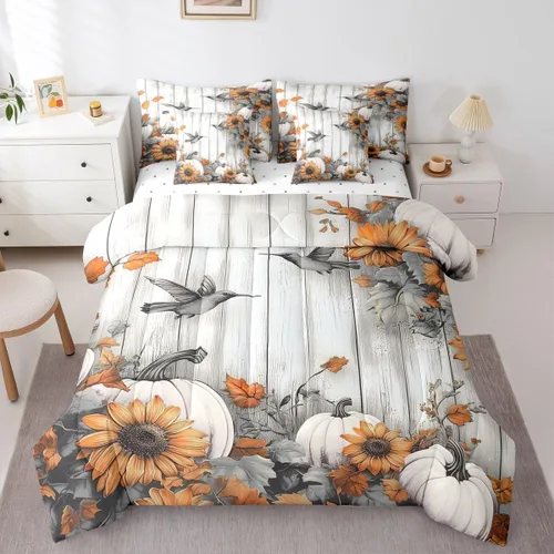 Vista 28 de Feelyou Fall Pumpkin Comforter Set with Sheets 7 Piece Twin Size Autumn Bed in a Bag Kids Boys Girls Pumpkin Maple Leaf Bedding Set Hummingbird Beig