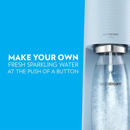 Vista 2 de SodaStream Terra - paquete para agua con gas (azul niebla), con CO2, botellas DWS y sabores Bubly Drops