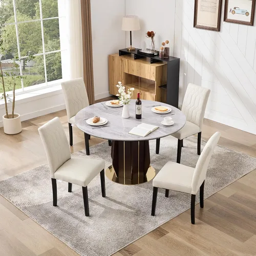 Vista 7 de VECELO Juego de 4 sillas de comedor tapizadas Parsons con asiento cómodo, patas de madera maciza con almohadillas de goma, para sala de estar, Beige