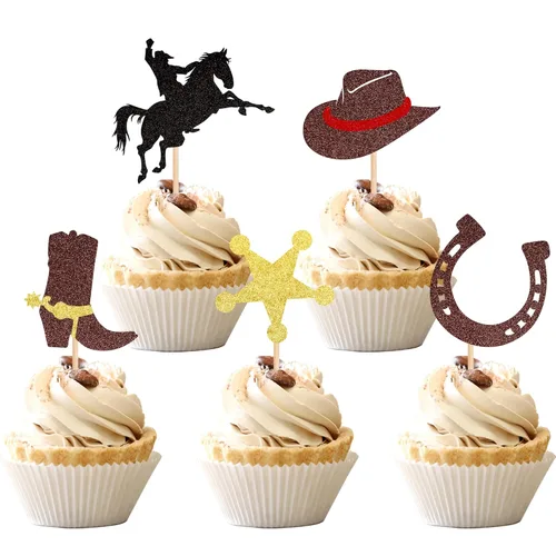 Vista 18 de 40 piezas de decoraciones para cupcakes de vaquera de doble cara con herradura, cactus, sombrero y bota, palillos para cupcakes, bola de discoteca