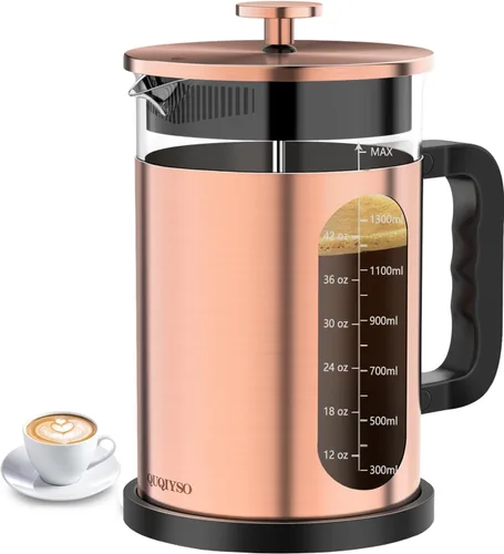 Vista 22 de QUQIYSO Cafetera de prensa francesa de acero inoxidable 304 con 4 filtros, resistente al calor, duradera, fácil de limpiar, prensa de café de vidrio