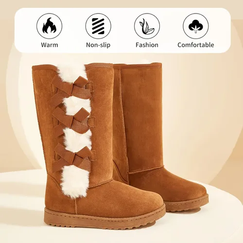 Vista 3 de XRH Botas de invierno para mujer, botas de media pantorrilla, botas de nieve con forro de piel, botas cálidas