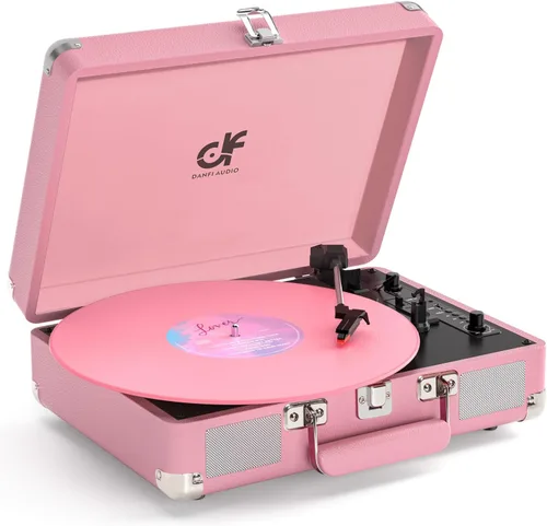 Vista 9 de Tocadiscos de vinilo Bluetooth, tocadiscos portátil vintage de 3 velocidades con 2 altavoces integrados, grabación USB, tocadiscos