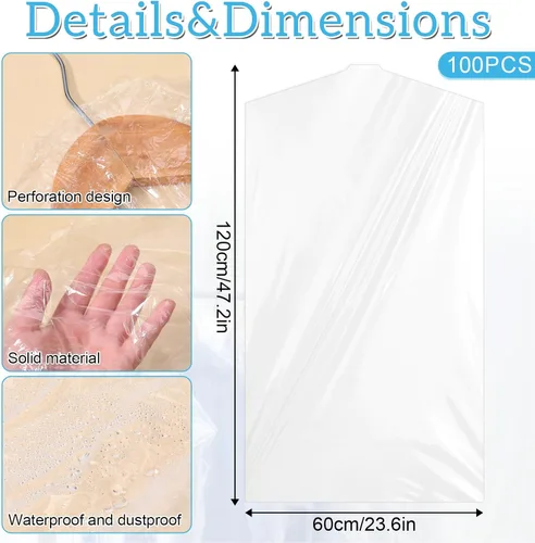 Vista 7 de Paquete de 100 bolsas de ropa para colgar ropa, bolsas de plástico para limpieza en seco, fundas de ropa transparentes para tintorería