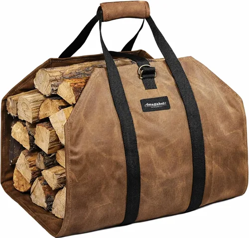 Vista 11 de Amagabeli - Bolsa de transporte de leña encerada, bolsa de transporte resistente para chimenea de leña grande con asas para camping, soporte